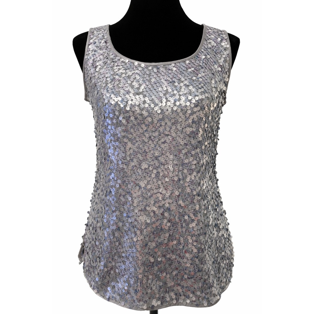 Chico's Womens Pullover Shimmering Tank Top Shell Size 0 Silver Purple Sequin